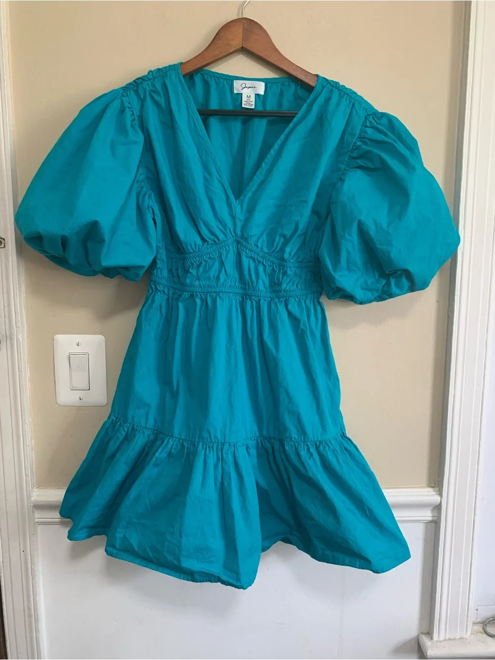 Japna Puff Sleeve V-Neck Tiered Mini Dress Teal Blue Sz M 100% Cotton Cottage